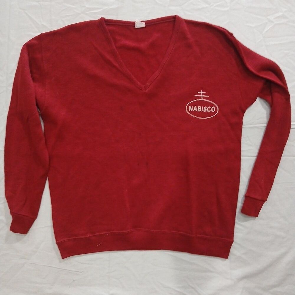 Vintage NABISCO Cardigan Sweater by JSSC Sz XL Red V Neck RARE